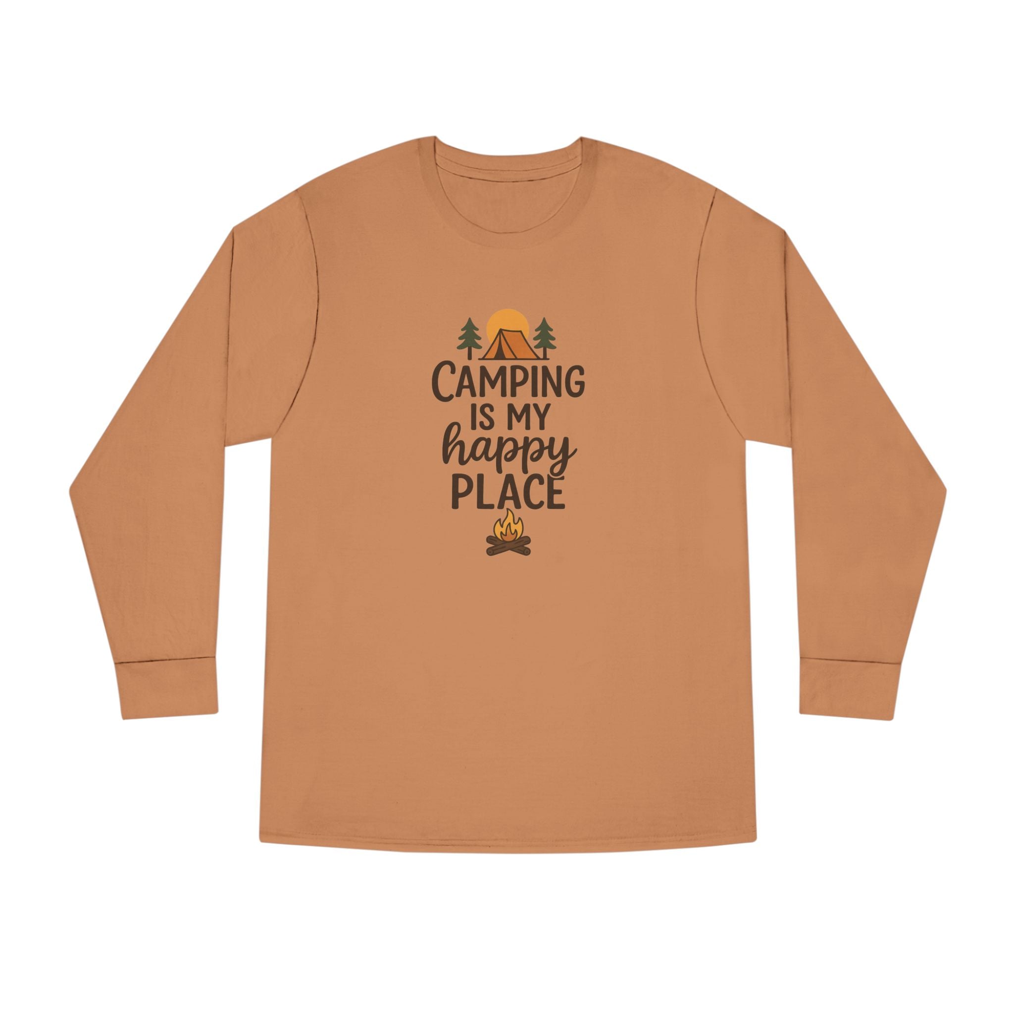 Camping Is My Happy Place Long Sleeve Tee | Campfire Trees Sun Outdoor Shirt | 4 colors - 100% cotton