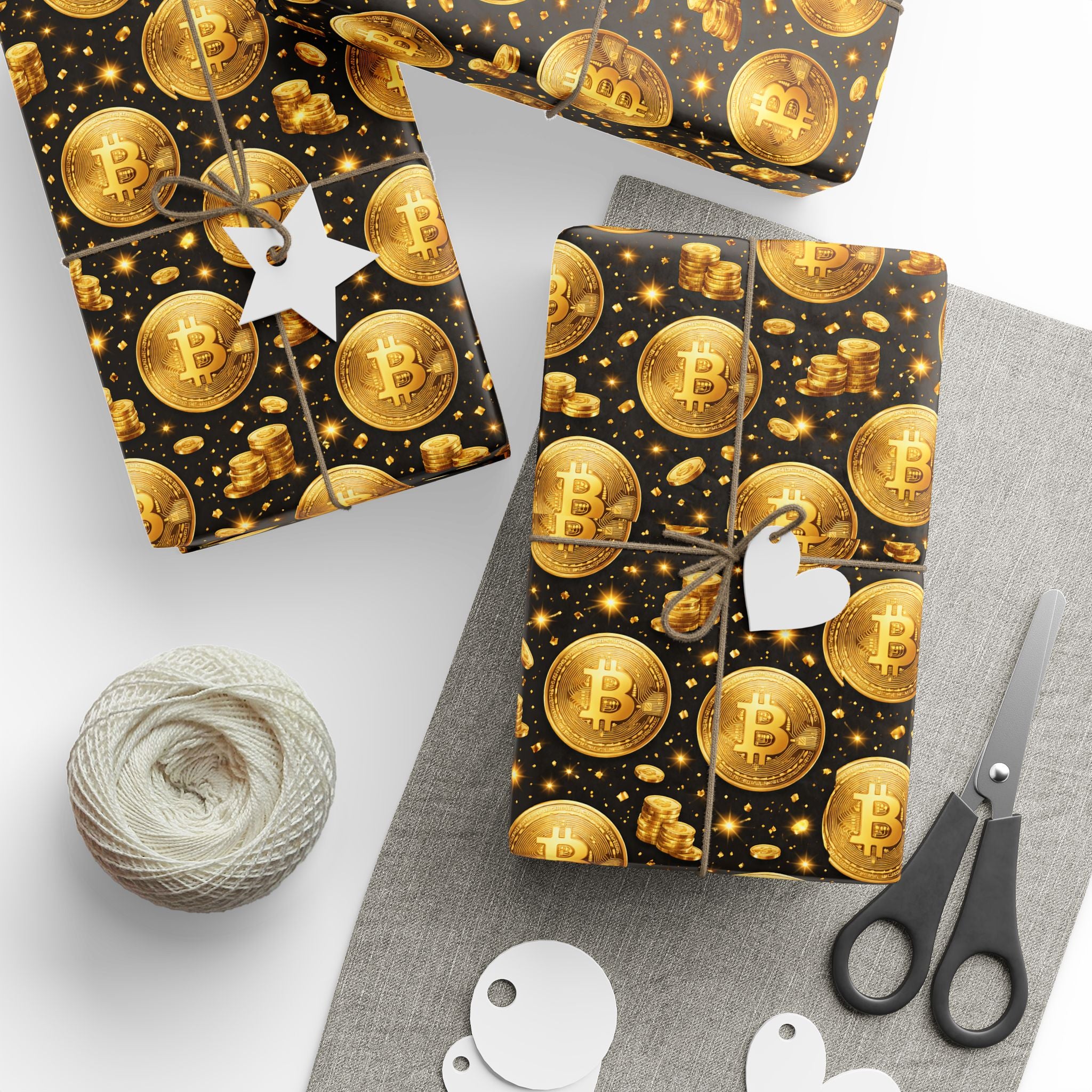 Gold Bitcoin Coins Wrapping Paper | Crypto Gift Wrap, Bitcoin Pattern | 3 lengths available - glossy or matte