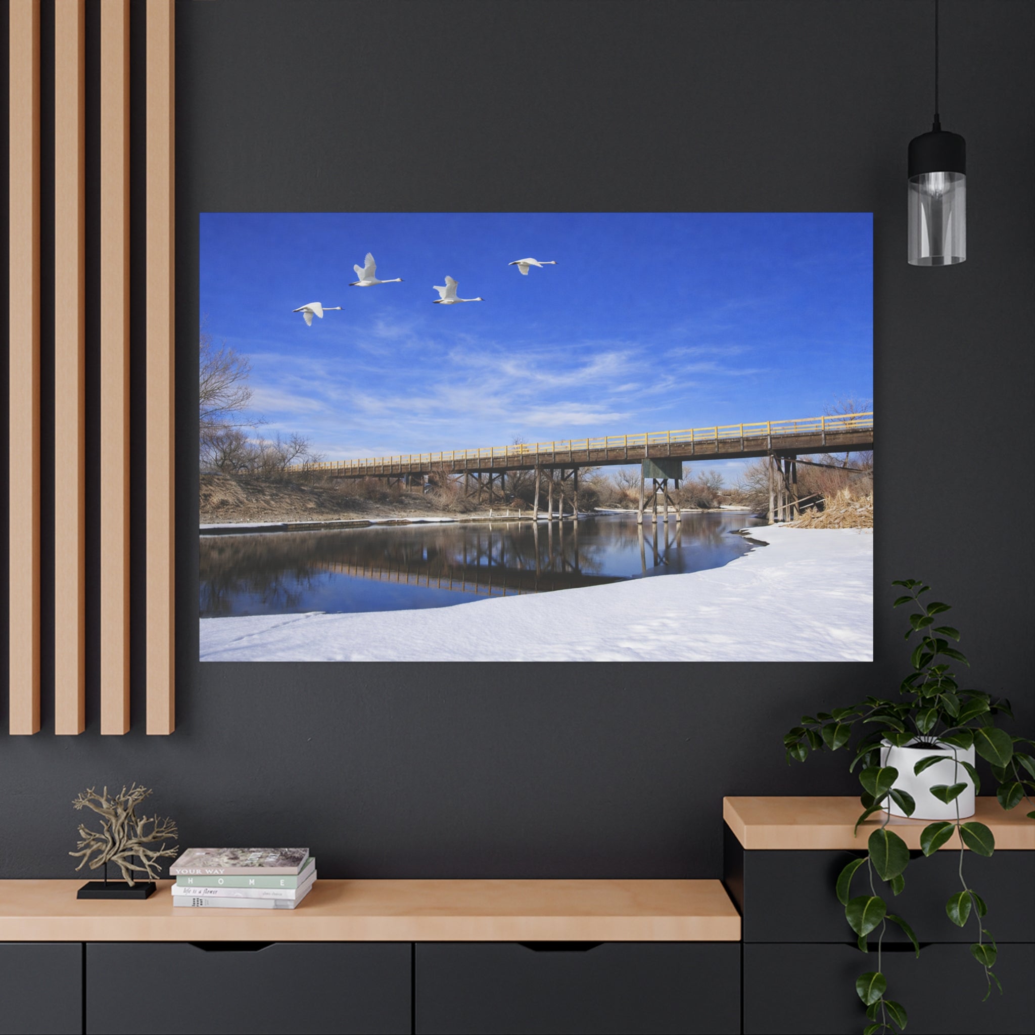 Jackson Bridge Matte Canvas, Stretched 1.25" - Scenic River & White Swans Wall Art - Customizable Nature Landscape Decor - 6 sizes