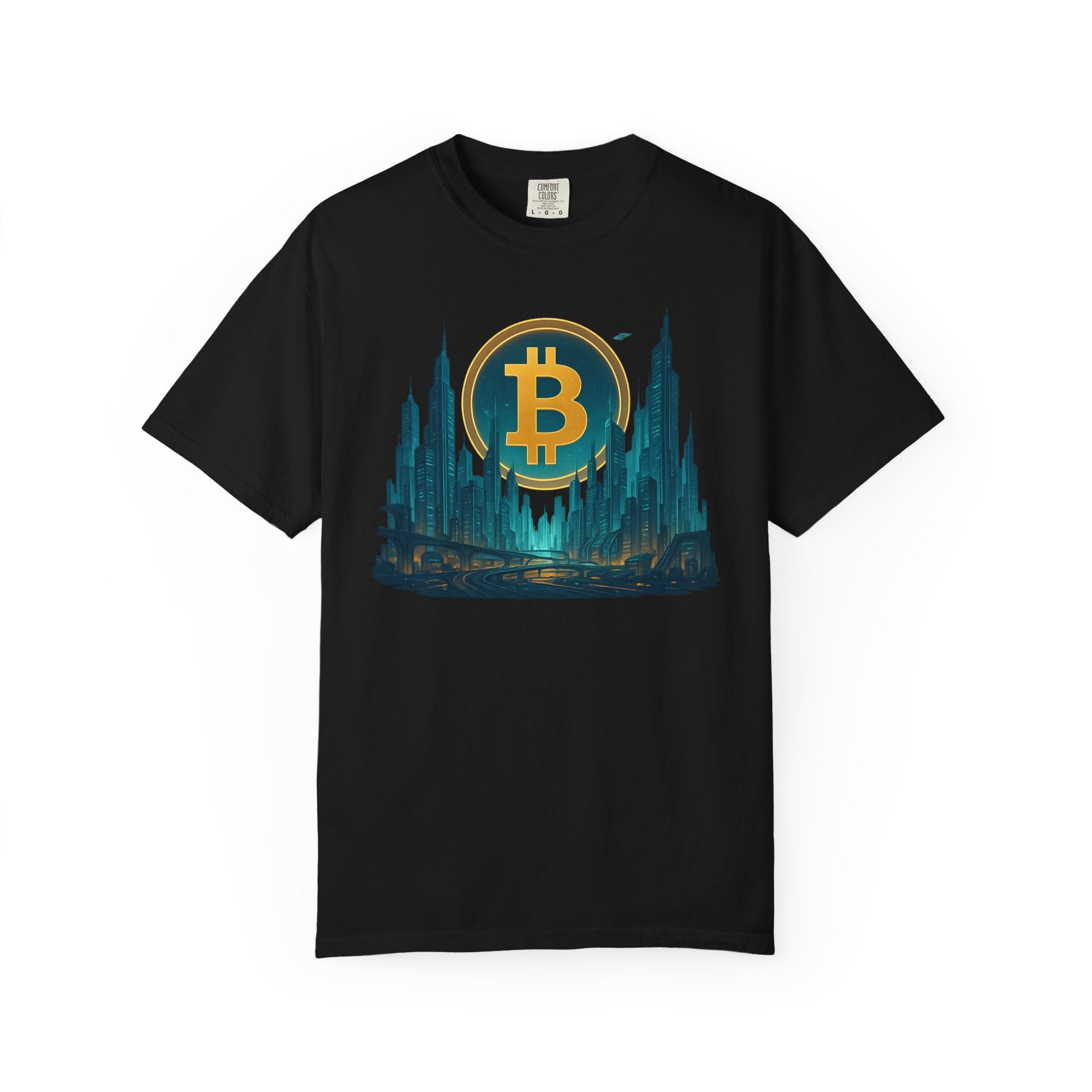 Futuristic Bitcoin City T-Shirt | Neon Crypto Skyline Tee for Bitcoin Enthusiasts | 7 Colors - 100% cotton