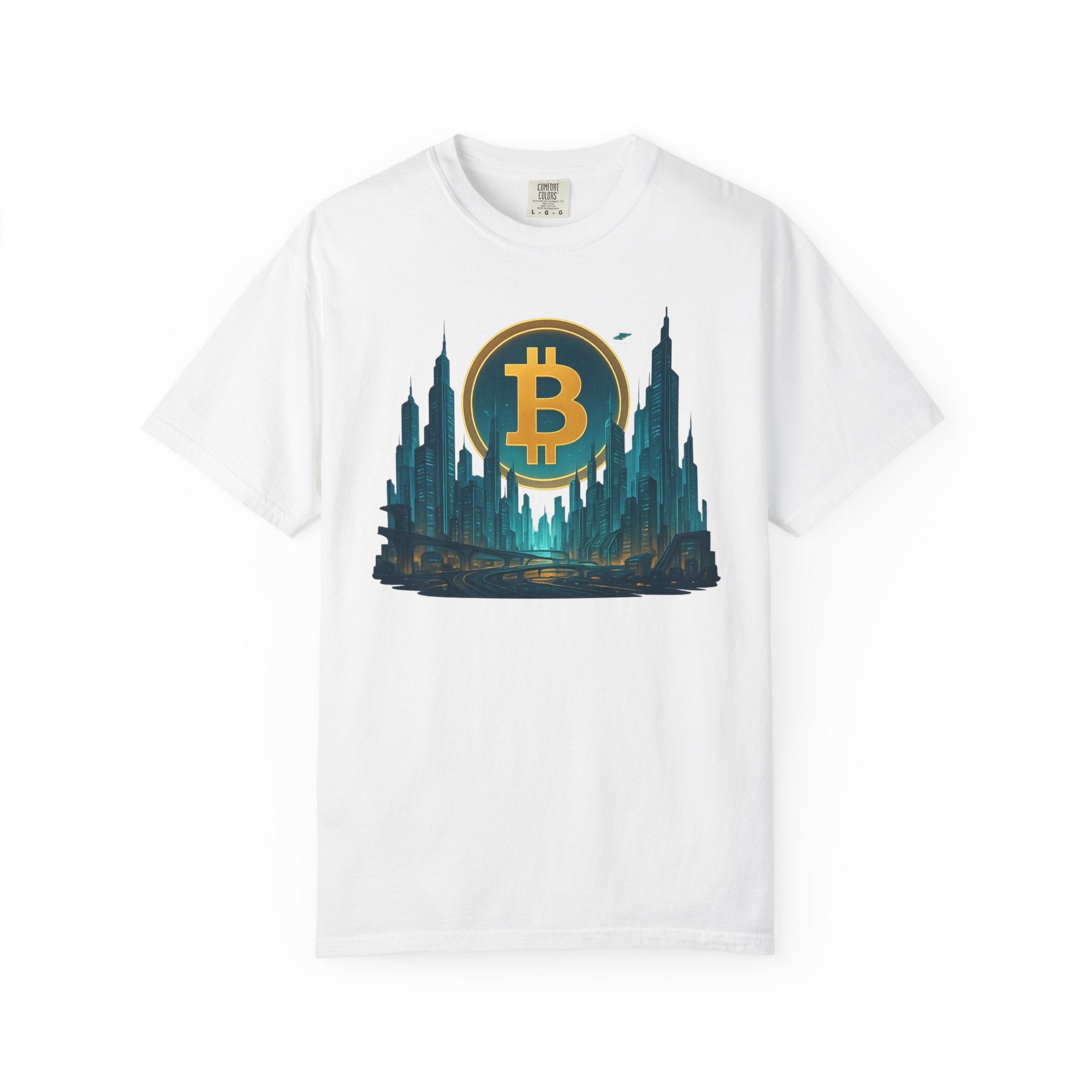 Futuristic Bitcoin City T-Shirt | Neon Crypto Skyline Tee for Bitcoin Enthusiasts | 7 Colors - 100% cotton