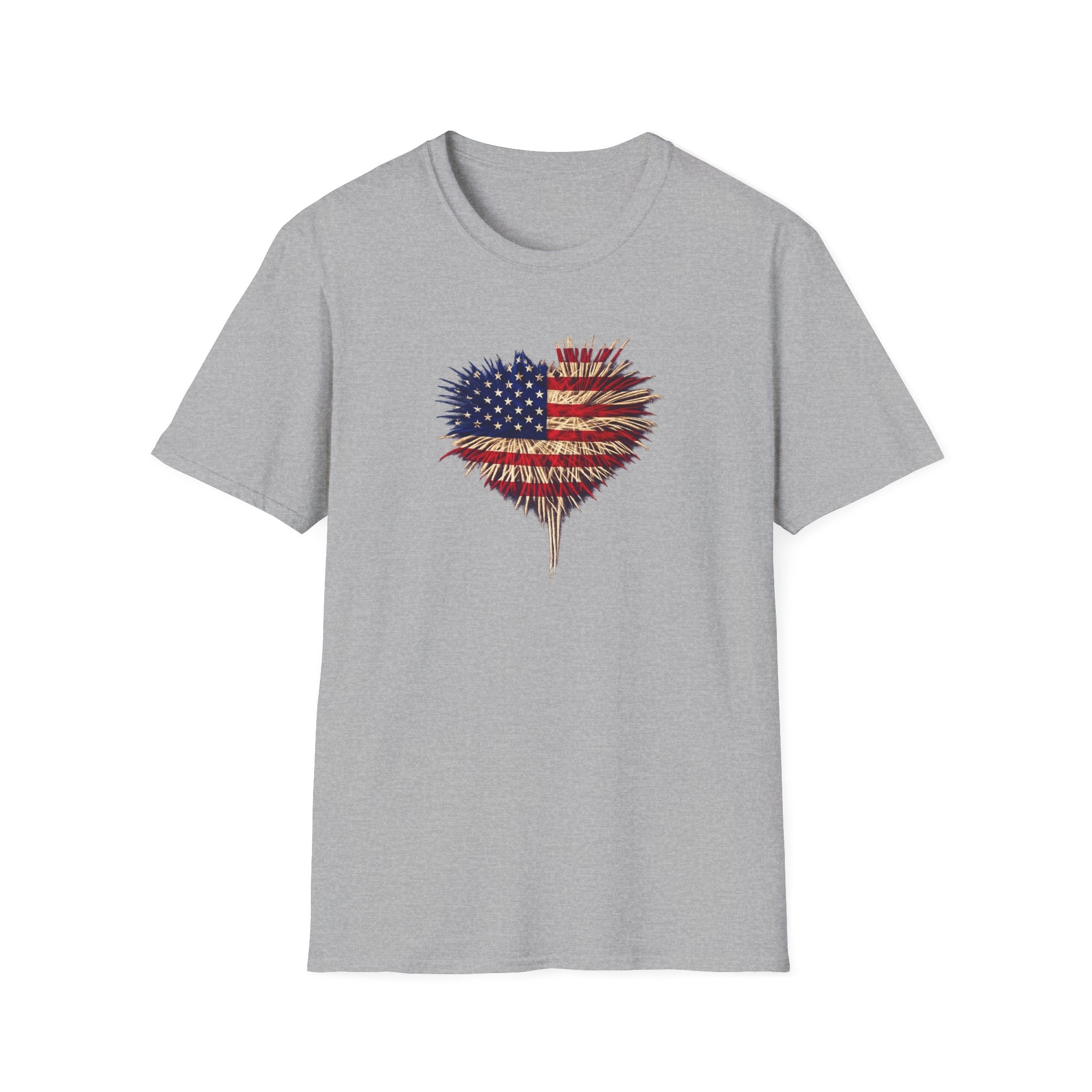 American Flag Fireworks Heart T-Shirt | Patriotic 4th of July Shirt | USA Independence Day Tee | 7 colors - 100% cotton