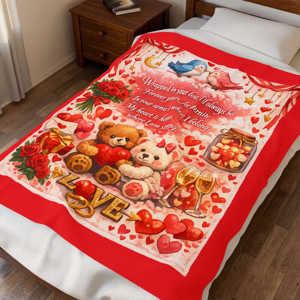 Romantic Love Throw Blanket | Valentine Teddy Bears, Heart Poem Cozy Gift for Couples | Anniversary or Wedding Keepsake | 50" x 60"