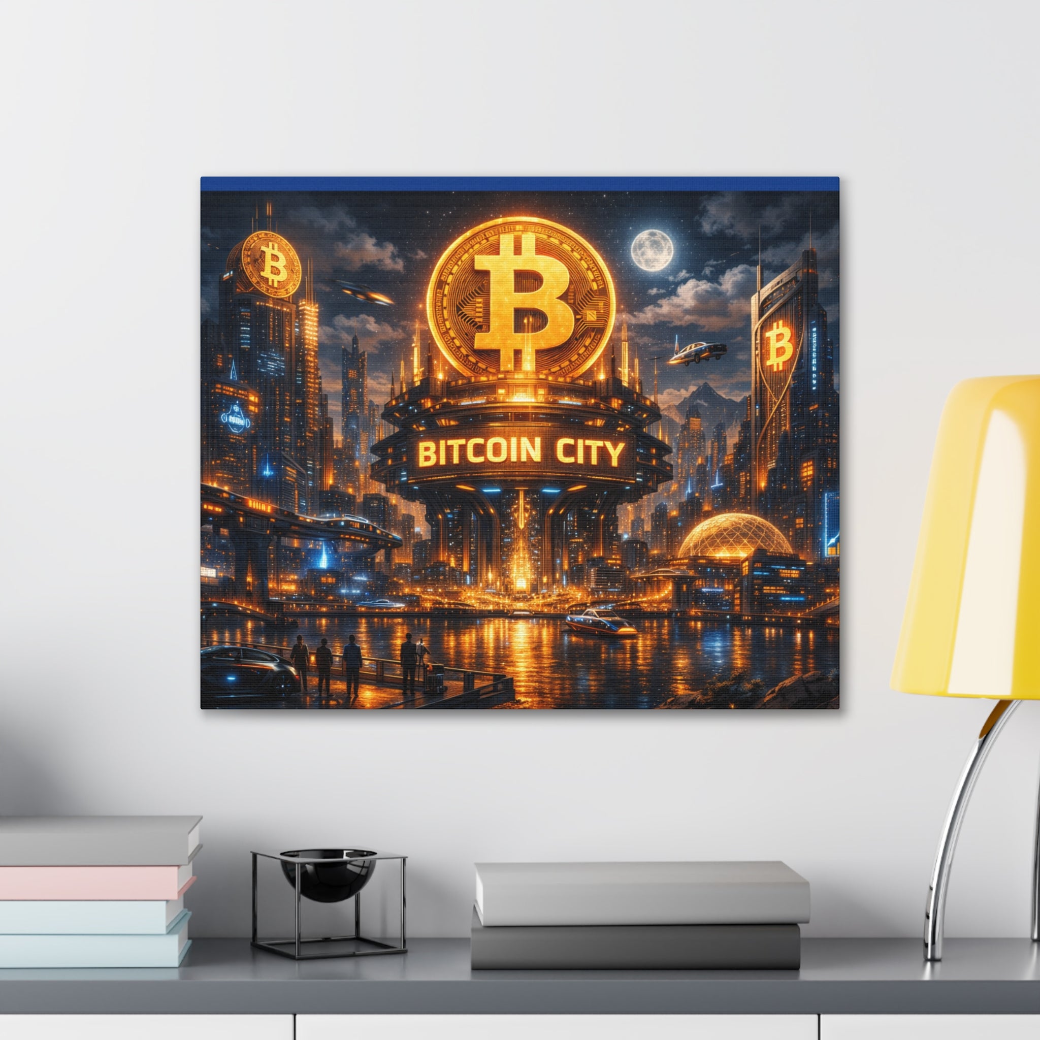 Bitcoin City Futuristic Skyline Canvas | Solid Pine Frame 24 x 20