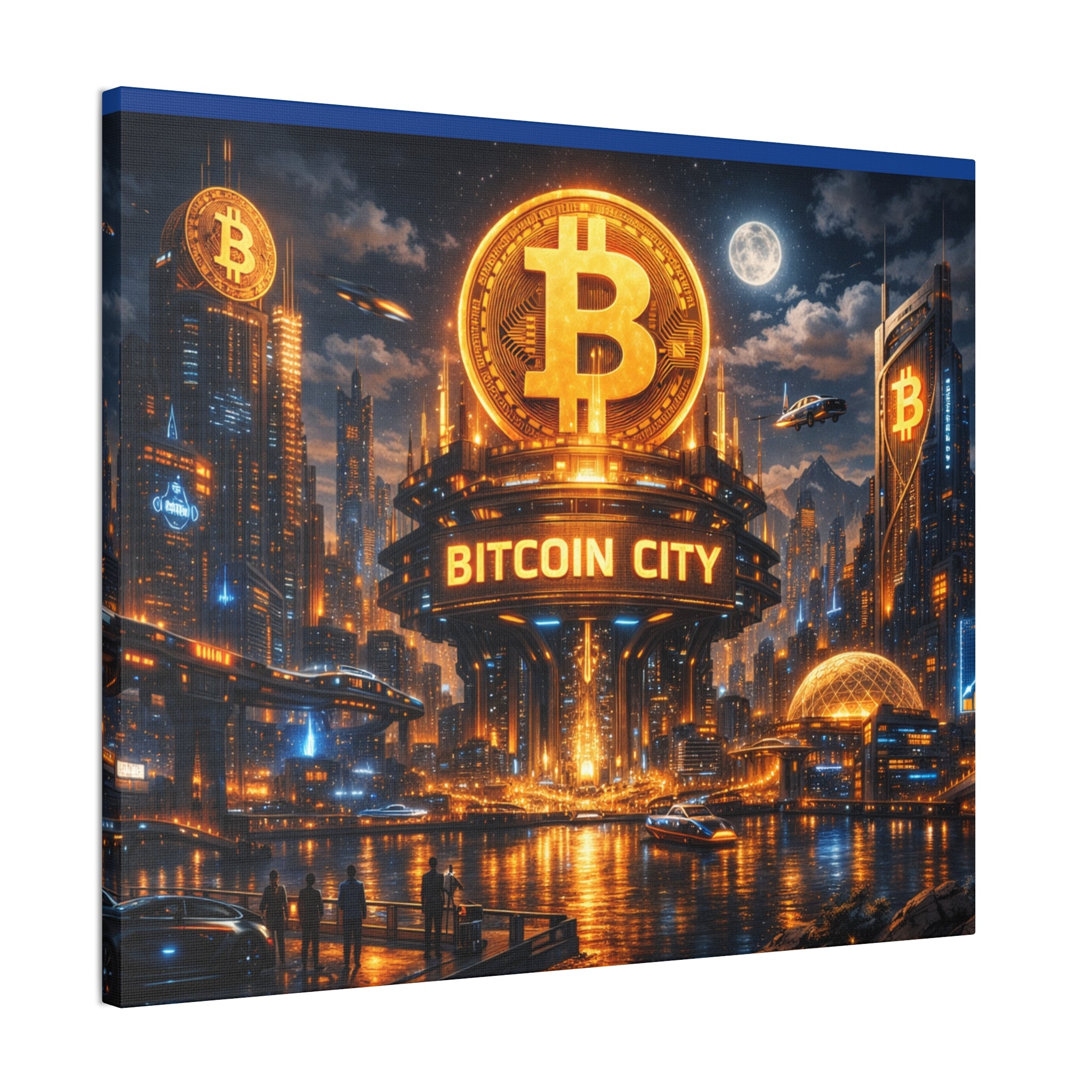 Bitcoin City Futuristic Skyline Canvas | Solid Pine Frame 24 x 20