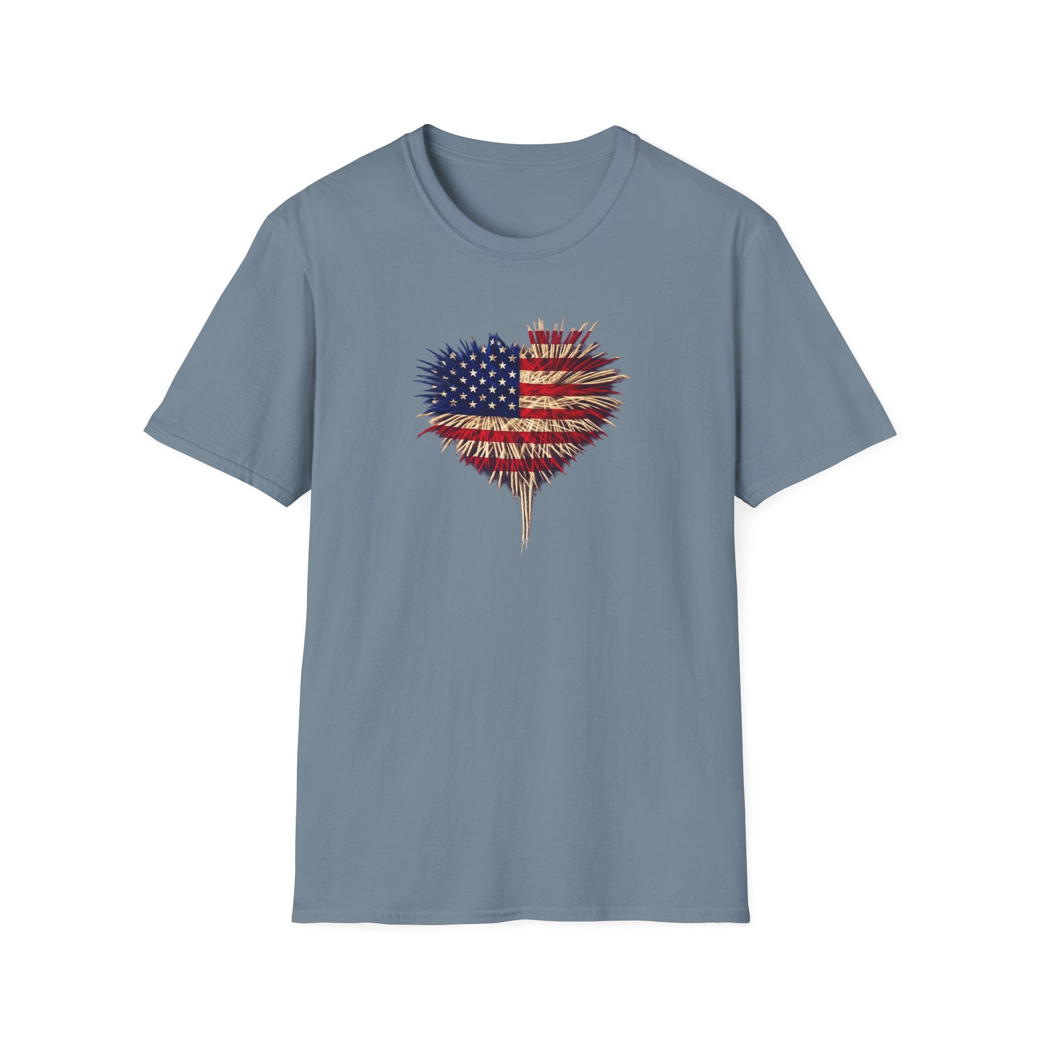 American Flag Fireworks Heart T-Shirt | Patriotic 4th of July Shirt | USA Independence Day Tee | 7 colors - 100% cotton