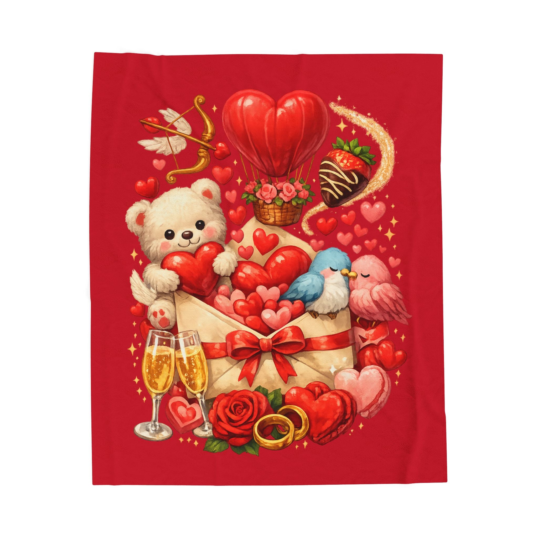 Valentine Love Blanket Throw | Teddy Bear, Hearts, Roses & Champagne Cozy Velveteen Blanket Gift | 50" x 60"