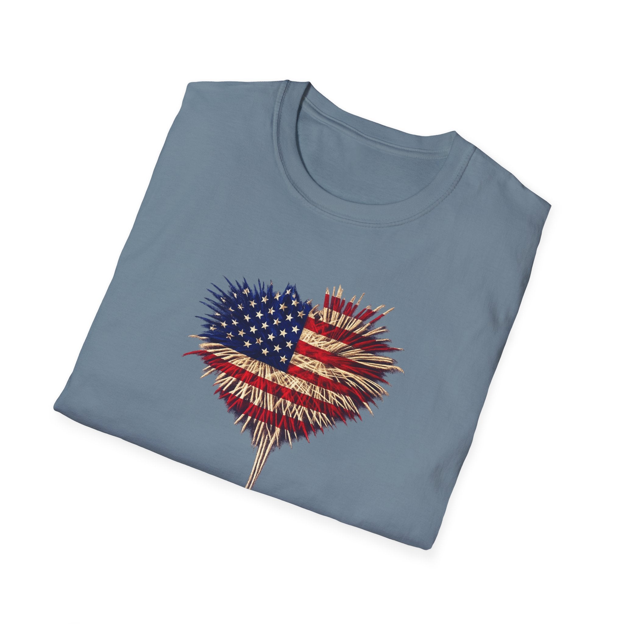American Flag Fireworks Heart T-Shirt | Patriotic 4th of July Shirt | USA Independence Day Tee | 7 colors - 100% cotton