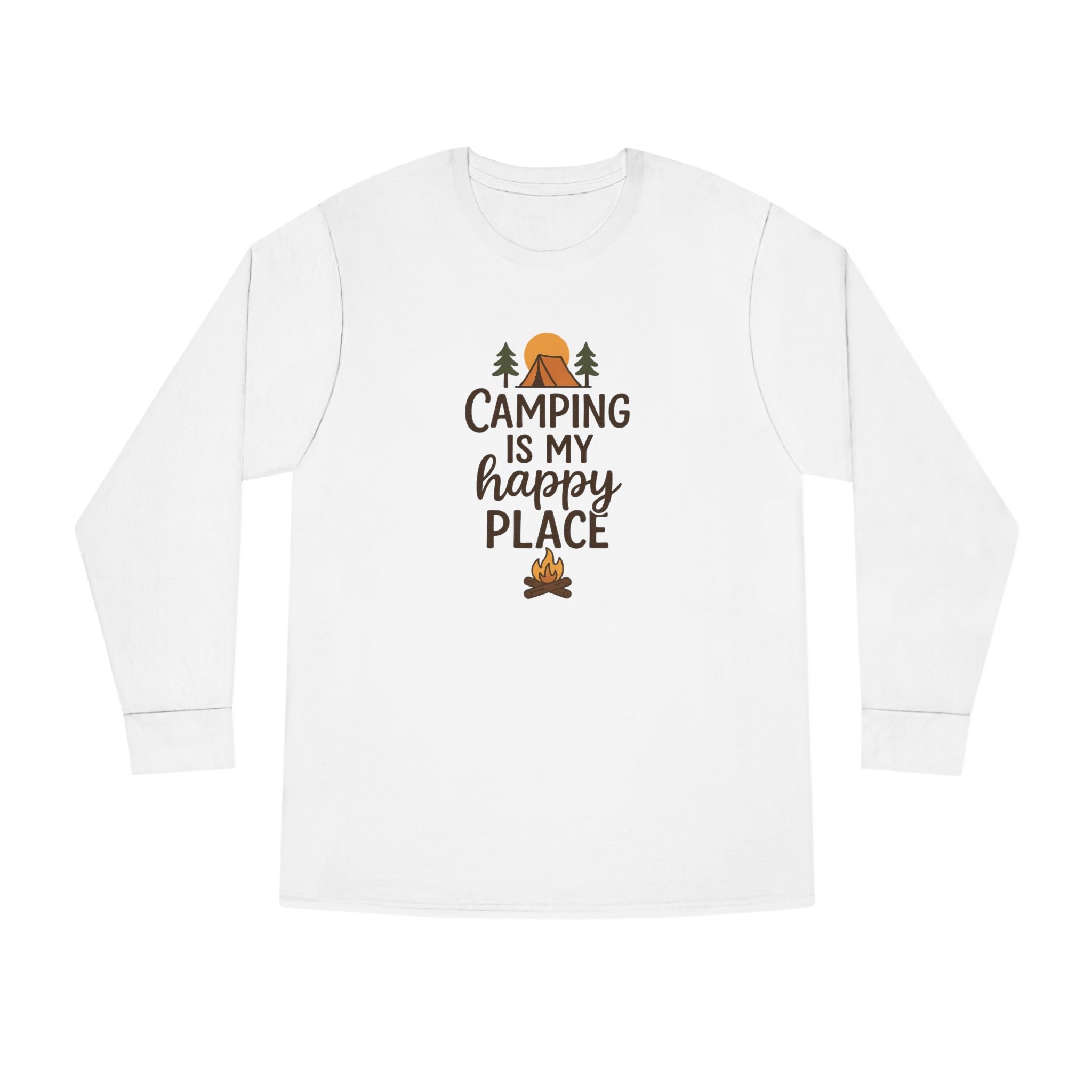 Camping Is My Happy Place Long Sleeve Tee | Campfire Trees Sun Outdoor Shirt | 4 colors - 100% cotton