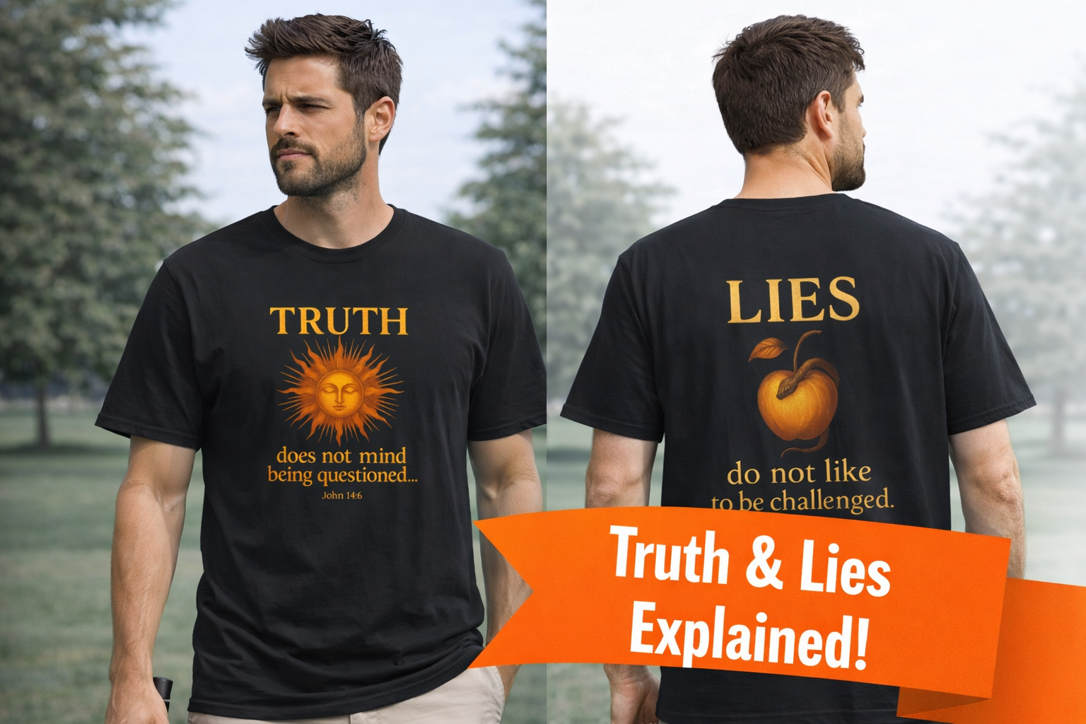 Christian T-Shirt-TRUTH vs LIES Spiritual Battle Tee-Sun & Forbidden Fruit Graphic | Religious Faith Shirt | 2 colors - 100% cotton