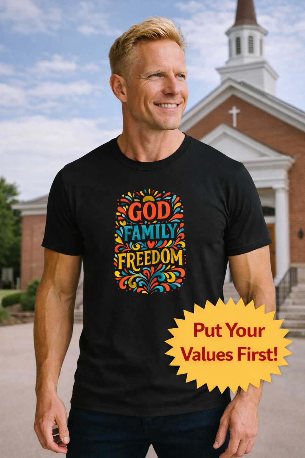 God Family Freedom TShirt | Colorful Religious Tee for Faith & Patriotism | 6 colors - 100% cotton