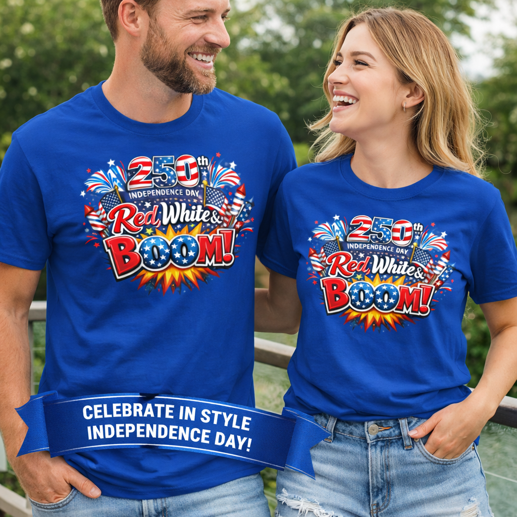 Red White & Boom 250th Anniversary Tee | Patriotic 4th of July Fireworks Tee | USA Independence Day Celebration Tee | 7 colors | 100% cotton