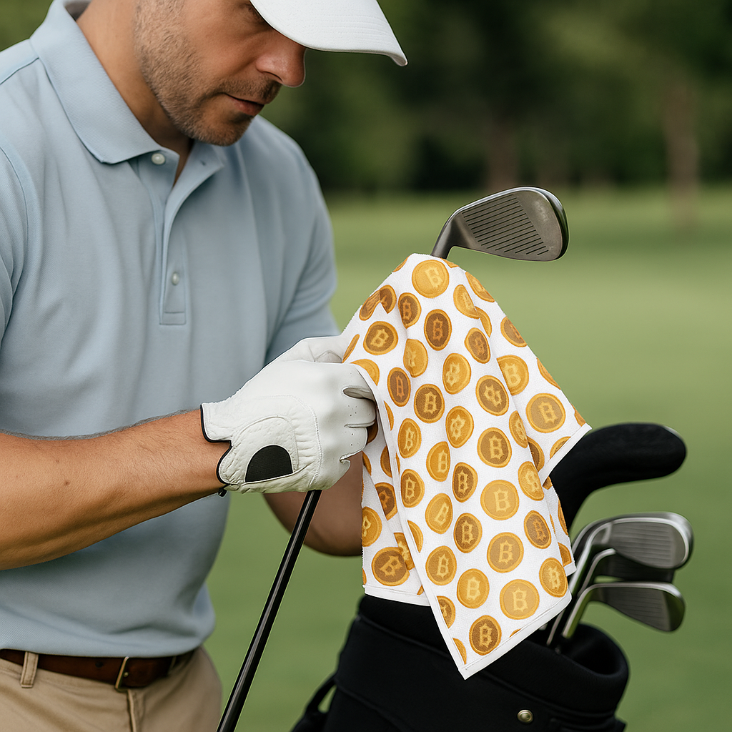 Fore the Bitcoin Golf Towel-Crypto Coin Pattern-Flex a little and let everyone know your game and your portfolio are solid.