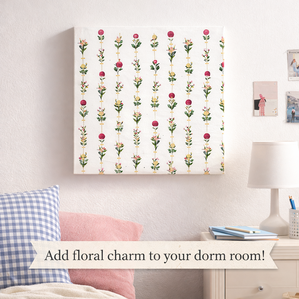 Minimalist Floral Canvas Wall Art | Vertical Flower Pattern Wall Decor | Dorm Room Decor | Canvas Print | Cute College Wall Art | 14" x 14"